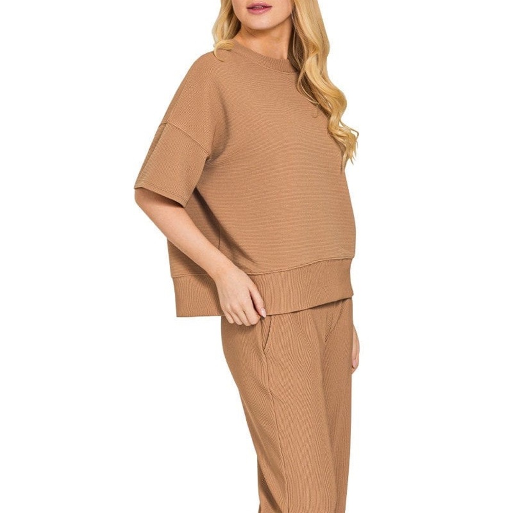 Tan Ribbed Knit Lounge Set by ZENANA